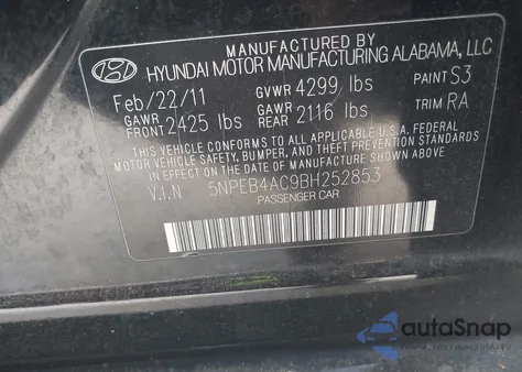 2011 Hyundai Sonata Gls из США, поврежденный, VIN 5NPEB4AC9BH252853